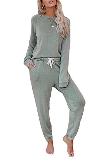 Bunanphy Womens Lounge Wear Pyjamas Set Long Sleeve PJs Casual Crew Neck Sleepwear Jogger with Pockets #A Grün Klein von Bunanphy