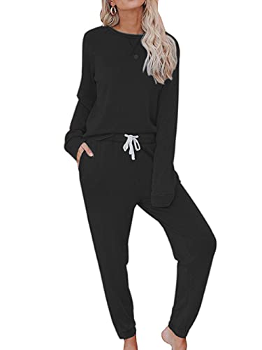 Bunanphy Womens Lounge Wear Pyjamas Set Long Sleeve PJs Casual Crew Neck Sleepwear Jogger with Pockets #A Schwarz Klein von Bunanphy