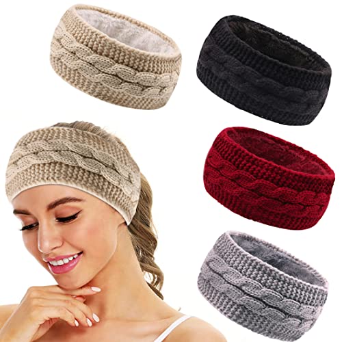 4 Stück Haarband für Frauen Winter Stirnbänder Gestricktes Mädchen Stirnband mit Futter plus Samt Stirnbänder Winter Ohrenschützer (Set-C) von BundleMall