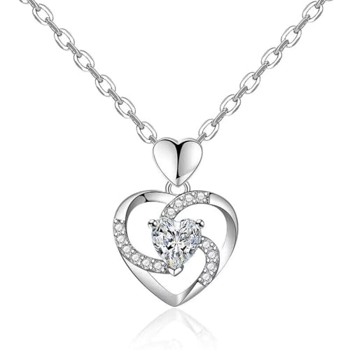 BundleMall Frauen Mädchen Halskette 925 Versilbert Herz geformt Anhänger Schmuck Zirkonia 45CM Kette Länge Frauen Geschenk (A-Silber) von BundleMall