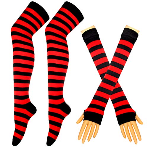 Gestreifte lange Strickhandschuhe Kniestrümpfe Leggings Party Kostüm Zubehör 2 Paar Set, schwarz/rot, One size von BundleMall