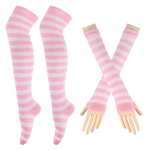 Gestreifte lange Strickhandschuhe Kniestrümpfe Leggings Party Kostüm Zubehör 2 Paar Set, Pink/Weiß, Einheitsgröße von BundleMall