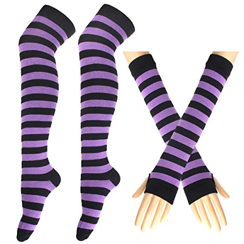 Gestreifte lange Strickhandschuhe Kniestrümpfe Leggings Party Kostüm Zubehör 2 Paar Set, Schwarz & Hellviolett, One size von BundleMall