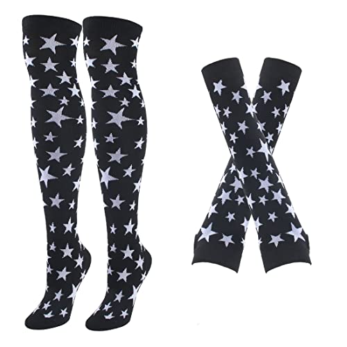 Gestreifte lange Strickhandschuhe Kniestrümpfe Leggings Party Kostüm Zubehör 2 Paar Set, Schwarze Sterne, One size von BundleMall