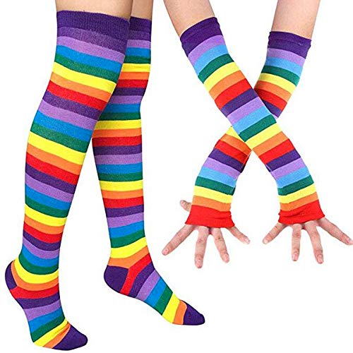 Gestreifte lange Strickhandschuhe Kniestrümpfe Leggings Party Kostüm Zubehör 2 Paar Set, regenbogenfarben, One size von BundleMall