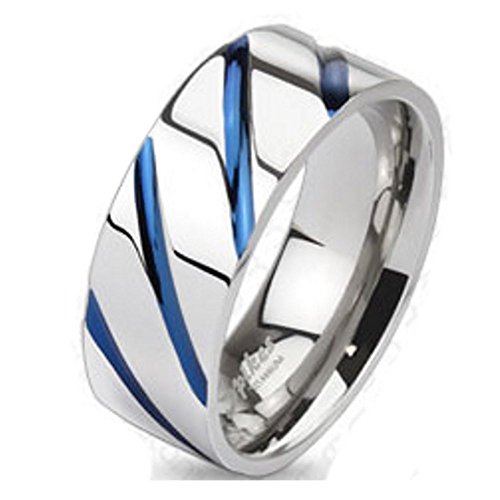 Bungsa 52 (16.6) TITAN RING silber-blau - TITANIUM Ring mit blauen Streifen für Damen & Herren - silber-blauer Damenring/Herrenring - SCHMUCKRING für Frauen & Männer - Blue Stripes Titan Ringe von Bungsa