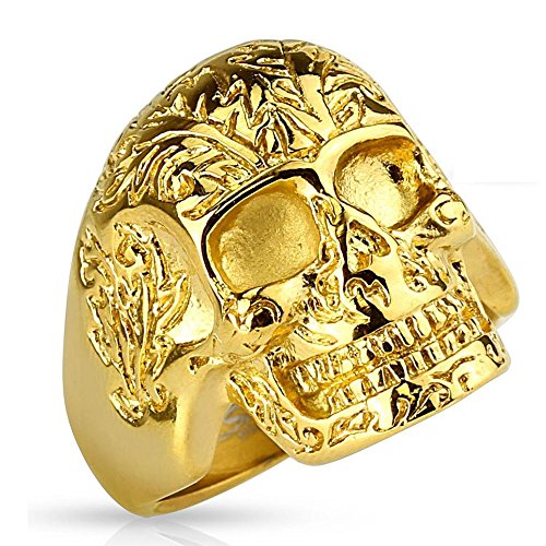 Bungsa 67 (21.3) Goldener Totenkopf Ring verziert massiv Edelstahl Männer Skull 60 62 64 67 70 72 (Herren Fingerring Männerring Edelstahlring Chirurgenstahl Biker Outlaw MC Harley SOA) von Bungsa