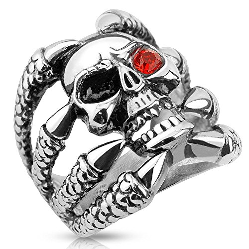 Bungsa 70 (22.3) RING TOTENKOPF silber Herren - TOTENSCHÄDEL mit Klauen Fingerring für Männer - EDELSTAHL-SCHMUCK Ring für Biker & echte Kerle - SKULL Siegelring extra groß, massiv & breit von Bungsa