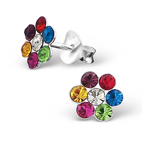 Bungsa BLÜMCHEN Kinder-Ohrstecker aus 925 STERLING SILBER - niedliches Ohrringe Set mit KRISTALL BLUMEN für Damen & Kinder - 1 Paar silberne Ohrringe zum Stecken - bunter Ohrschmuck mit Blümchen von Bungsa