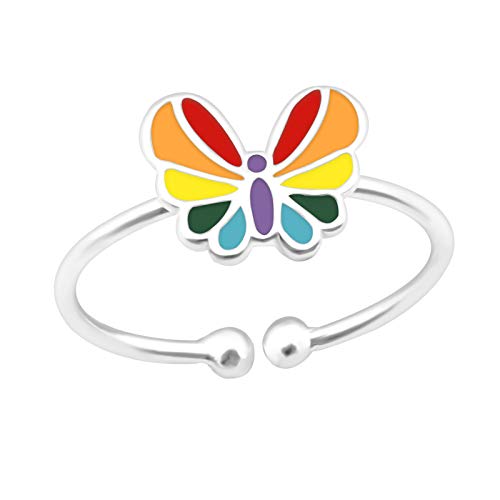 Bungsa Bunter Schmetterling Kinder-Ring .925 Sterling Silber verstellbar/biegbar (Zehring Fussschmuck Fussring Toe-Ring Nail Ring Mittelring Nagelring biegbar verstellbar) von Bungsa