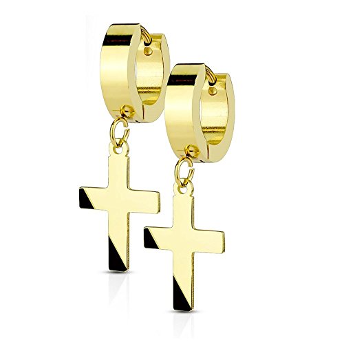 Bungsa GOLDENE Creolen mit ANHÄNGER KREUZ - Ohrringe Set in gold - aus EDELSTAHL - Klappcreolen Ohrschmuck für Damen & Herren - Ohrstecker Kreolen mit Kreuz von Bungsa