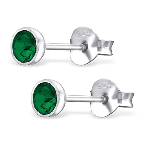 Bungsa Grüne Kristall Ohrstecker .925 STERLING SILVER 3mm rund (Ohrringe Echtschmuck Studs Ohrschmuck Damen Frauen Herren) von Bungsa