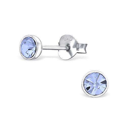 Bungsa Hellblaue Kristall Ohrstecker .925 STERLING SILVER 4mm rund (Ohrringe Echtschmuck Studs Ohrschmuck Damen Frauen Herren) von Bungsa