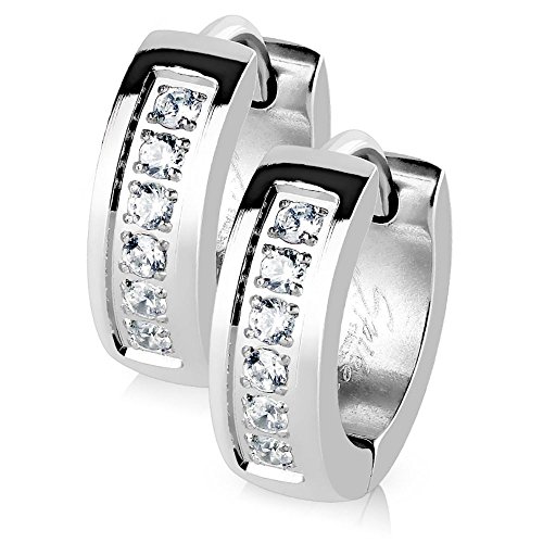 Bungsa KRISTALL-CREOLEN SET silber - Klapp-Ohrringe mit 6 gefassten klaren Steinen - EDELSTAHL KLAPPCREOLEN - edler Ohr-Schmuck für Damen & Herren - 1 Paar Kreolen zum Klappen silber von Bungsa