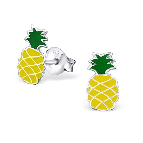 Bungsa Kinder-Ohrstecker Ananas .925 STERLING SILBER Pineapple bunt (Ohrringe Echtschmuck Studs Ohrschmuck Jungs Mädchen) von Bungsa