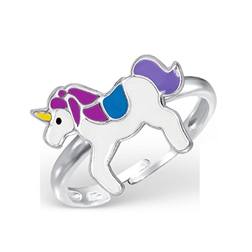 Bungsa Kinder-Ring Einhorn aus Sterling Silber 925 - Süßer Fingerring mit GEFLÜGELTEM Pferd für Kinder - 1 Silberner Ring größenverstellbar - Flexibel - Edler Kinderschmuck mit Pegasus von Bungsa