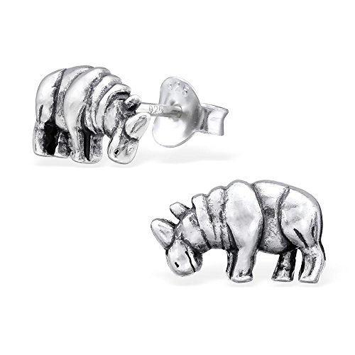 Bungsa Nashorn Ohrstecker .925 STERLING SILVER Rhinozeros Tier Ohrringe (Ohrringe Echtschmuck Studs Ohrschmuck Damen Frauen Herren) von Bungsa