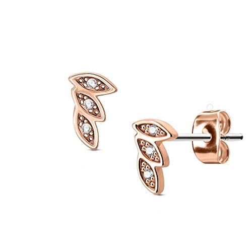 Bungsa ROSEGOLD BLATT OHRSTECKER SET - rosé Ohrringe in Blattform mit Kristall-Stein - EDELSTAHL Ohrstecker in rosè-gold - edler Ohr-Schmuck für Damen & Herren rosefarben - 1 Paar Kristall-Ohrstecker von Bungsa