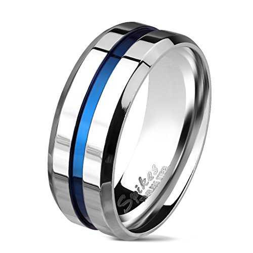 Bungsa Ring mit blauem Streifen für Herren aus 316L Edelstahl 8 mm (70 (22.3)) von Bungsa