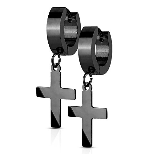 Bungsa SCHWARZE Creolen mit ANHÄNGER KREUZ - Ohrringe Set in schwarz - aus EDELSTAHL - Klappcreolen Ohrschmuck für Damen & Herren - Ohrstecker Kreolen mit Kreuz von Bungsa