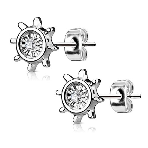 Bungsa SILBERNE STEUERRAD Ohrstecker mit Kristall - maritimes Ohrringe Set in SILBER - für Damen & Herren - Ohrringe zum Stecken aus EDELSTAHL - edler, silberner Ohrschmuck - Unisex Ohrstecker von Bungsa