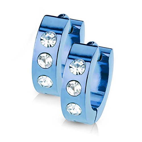 Bungsa blaue CREOLEN mit KRISTALL-STEINEN SET - blaue EDELSTAHL Klappcreolen - Klapp-Ohrringe blau mit 3 gefassten klaren Steinen - für Damen & Herren - 1 Paar Blue Kristall Kreolen von Bungsa