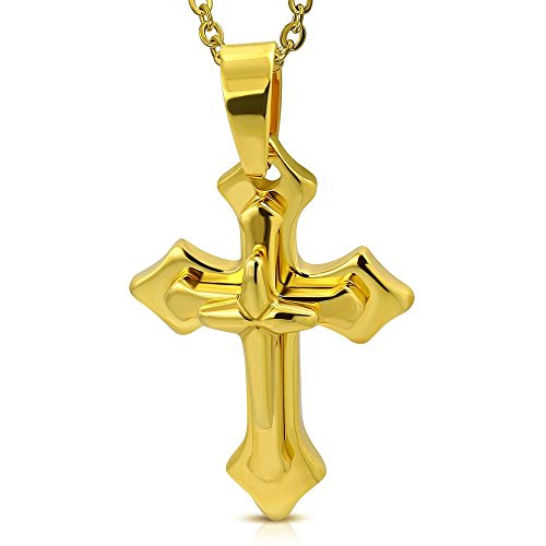 Bungsa 3D Kreuz Pendant Edelstahl gold (Cross Religion Jesus Christus Pendant Kettenanhänger Medaillon Amulett Charm Beads Chirurgenstahl Damen Herren Schmuck) von Bungsa