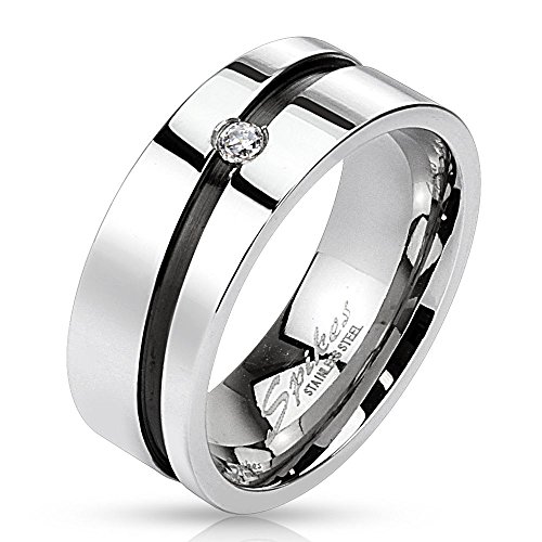Bungsa 64 (20.4) Edelstahl Kristall Ring mit diagonal schwarzem Mittelring Silber hochglanzpoliert Damen Herren Partnerringe (Ring Damen Fingerring Partnerringe Verlobungsringe Trauringe Damenring) von Bungsa