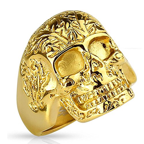 Bungsa 72 (22.9) Goldener Totenkopf Ring verziert massiv Edelstahl Männer Skull 60 62 64 67 70 72 (Herren Fingerring Männerring Edelstahlring Chirurgenstahl Biker Outlaw MC Harley SOA) von Bungsa