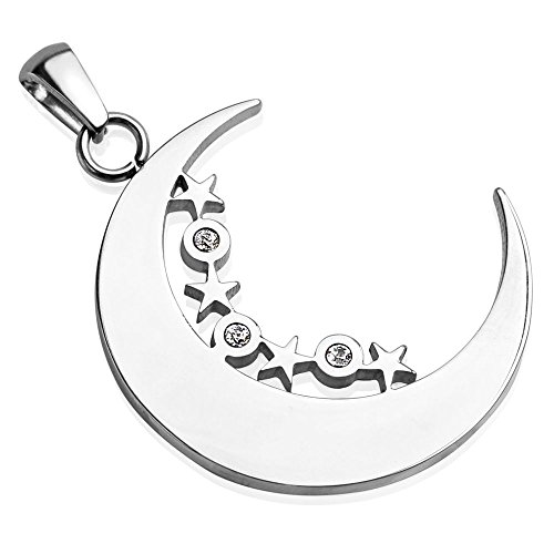 Bungsa Anhänger Mond & Sterne mit Kristall Steinen silber Edelstahl (Kettenanhänger Pendant Charm Beads Chirurgenstahl Damen Herren Schmuck) von Bungsa