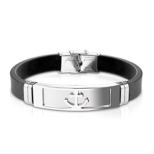 Bungsa Armband silberner Anker aus Silikon schwarz - mit silberner Edelstahlplatte & Klickverschluss - Herren-Armband für Männer von Bungsa