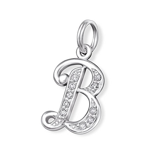 Bungsa BUCHSTABE B Halsketten-Anhänger BUCHSTABEN 925 Sterling Silber mit Kristallen - kleiner BUCHSTABE B CHARM für Bettel-Armband - für Damen, Kinder & Herren - silberner Letter B von Bungsa