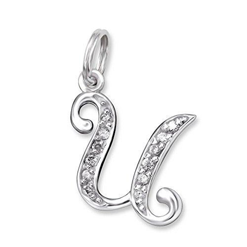 Bungsa BUCHSTABE U Halsketten-Anhänger BUCHSTABEN 925 Sterling Silber mit Kristallen - kleiner BUCHSTABE U CHARM für Bettel-Armband - für Damen, Kinder & Herren - silberner Letter U von Bungsa