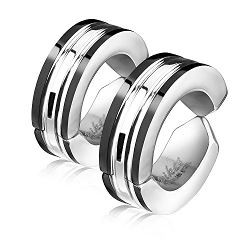 Bungsa Black Creolen Damen Edelstahl silber mit farbigen Außenringen Clipverschluss - 1 Paar (Ohrstecker Ohrringe Ohrhänger Creolen Ohrschmuck Ohrklemmen Damen Frauen Herren Mode Studs schwarz) von Bungsa