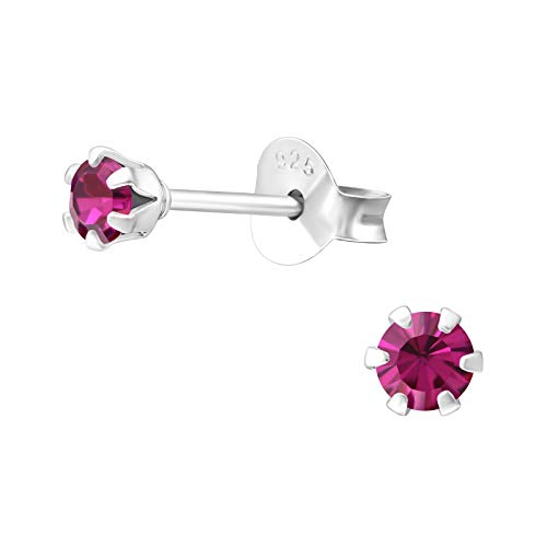 Bungsa Damen-Ohrstecker mit LA CRYSTALE Kristallsteinchen besetzt 3mm aus .925 Silber - Fuchsia von Bungsa