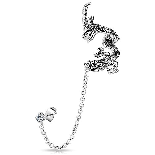 Bungsa Drachen Ear Cuff Ohrklemme mit Kette silber für Damen & Herren (Ohrstecker Conch Fake Piercing Ohrringe Ohrclip Ohrschmuck Damen Frauen Herren Mode) von Bungsa