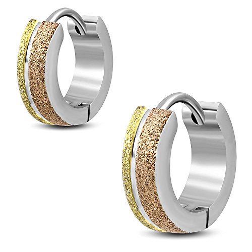 Bungsa Dreifarbige Creolen sandgestrahlt silber gold rotgold 4mm - 1 Paar Klappcreolen Edelstahl (Ohrringe Huggies Ohrstecker Ohrhänger Ohrschmuck Ohrklemmen Damen Frauen Herren Mode) von Bungsa