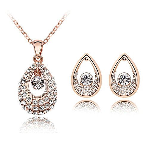 Bungsa "GOLDEN TEAR" Schmuckset für Damen rosegoldfarben - Ohrstecker & Kette mit Anhänger in Tropfen Form im passenden Set - rosé Schmuck für Frauen, Damen & Mädchen mit funkelndem klaren Strass von Bungsa