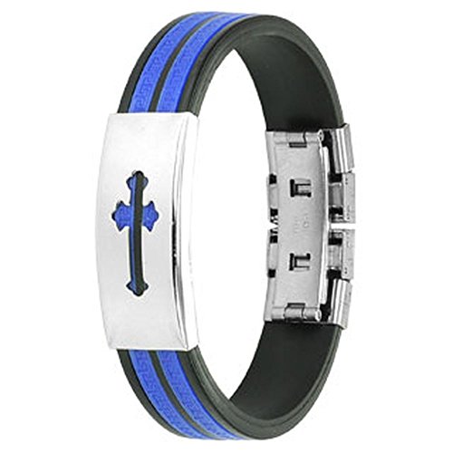 Bungsa Gummiarmband schwarz blau mit Mittelalter Kreuz, Metallplatte und größenverstellbar für Damen und Herren (Edelstahl Armband Damenarmband Herrenarmband Bracelet Chirurgenstahl Schmuck) von Bungsa