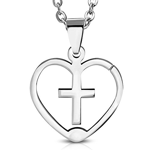 Bungsa Kreuz in Herz Pendant Edelstahl silber (Latin Cross Religion Jesus Christus Kettenanhänger Amulett Medaillon Charm Beads Chirurgenstahl Damen Herren Schmuck) von Bungsa