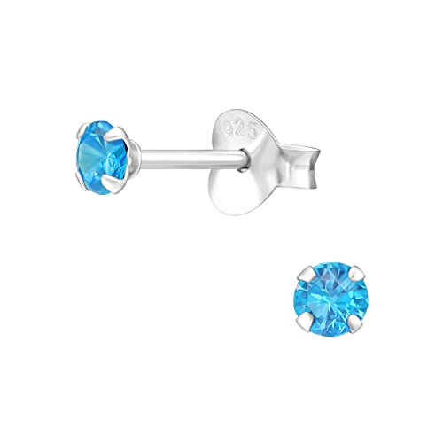 Bungsa Kristall-Ohrstecker mit echtem Kristall LA CRYSTALE 3mm 925 Silber Damen - in 13 edlen Kristallfarben erhältlich (Blue Topaz) von Bungsa