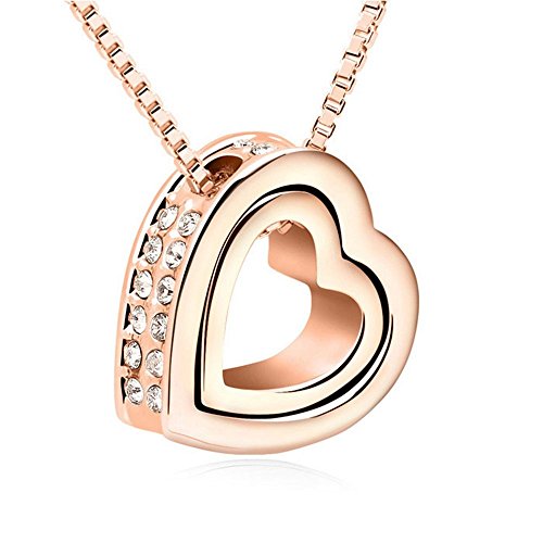 Bungsa Love You Forever Damenkette 45cm Rosegold Farben Halskette Herz - Offener herzförmiger Anhänger mit klarem Strass Besetzt - Kette Frauen rosegoldfarben Liebe - Heart Necklace Crystals Love von Bungsa