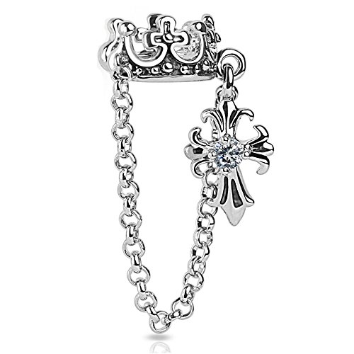 Bungsa Ohrklemme Krone mit Kreuz, Kette & Zirkonia Kristallstein Ear Cuff (Ohrstecker Conch Fake Piercing silber Crown Ohrringe Ohrclip Ohrschmuck Damen Frauen Herren Mode) von Bungsa