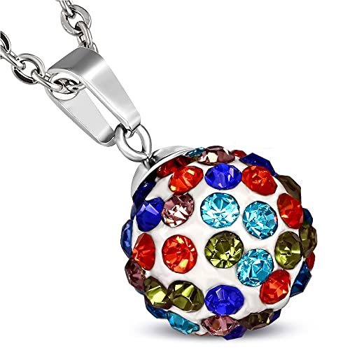 Bungsa Bunter Ferido Kristall 12mm Halskette Edelstahl silber (Shamballa Kette mit Anhänger Discokugel Zirkonia Edelstahlkette Damenkette Herrenkette Necklace Herren Frauen Männer Schmuck) von Bungsa