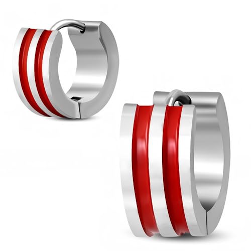 Bungsa Rote Streifen Creolen silber 7mm Enamel - 1 Paar Klappcreolen Edelstahl (Ohrringe Huggies Ohrstecker Ohrhänger Ohrschmuck Ohrklemmen Damen Frauen Herren Mode) von Bungsa