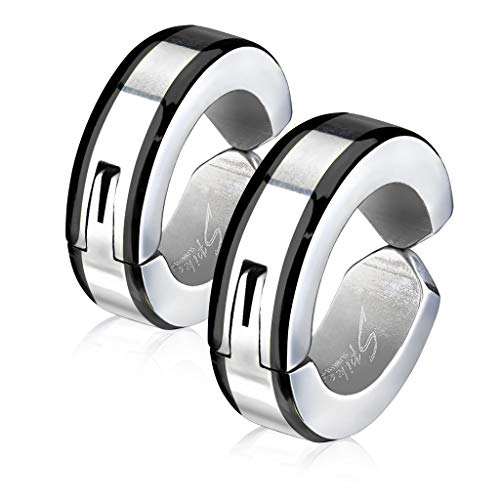 Bungsa Schwarz Clipverschluss Ohr Creolen mit Metallrand aus Edelstahl (1 Paar) Silber (Ohrstecker Ohrringe Ohrhänger Creolen Ohrschmuck Ohrklemmen Damen Frauen Herren Mode) von Bungsa