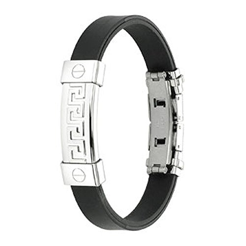 Bungsa Schwarzes Armband Gummi mit Metallplatte Irrgarten Mazemotiv größenverstellbar Damen und Herren (Edelstahl Armband Damenarmband Herrenarmband Bracelet Chirurgenstahl Schmuck) von Bungsa