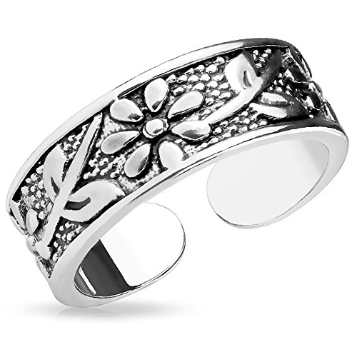 Bungsa Zehenring Blumen & Schwert Damen Silber Brass (Zehring Fussschmuck Fussring Toe-Ring Nail Ring Nagelring biegbar Verstellbar) von Bungsa