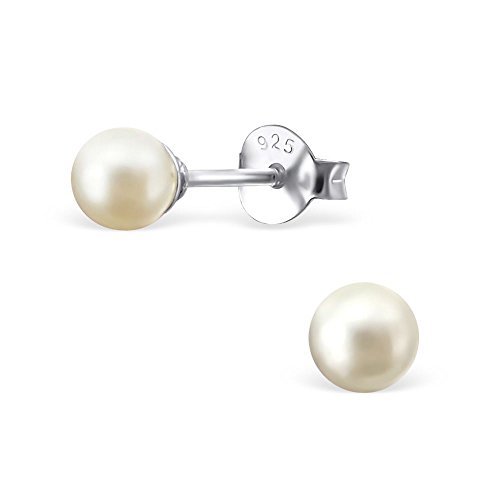 Bungsa creme-farbene PERLEN-Ohrstecker Damen 925 Sterling Silber 4mm CREME - Ohrringe Set mit cremé-farbener Perlkugel - strahlende Ohrringe PERLE zum Stecken aus Echtsilber von Bungsa