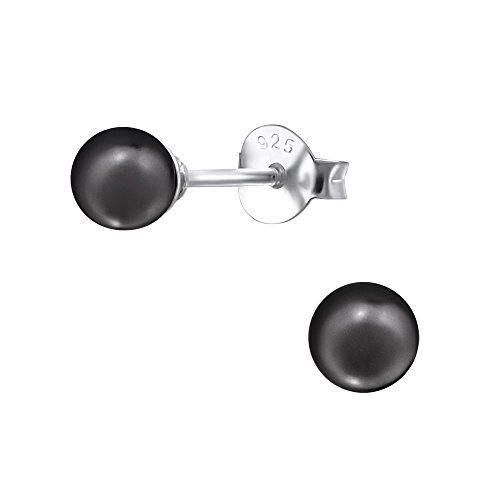 Bungsa dunkelgraue PERLEN-Ohrstecker Damen 925 Sterling Silber 4mm DUNKELGRAU - Ohrringe Set mit dunkelgrauer Perlkugel - strahlende Ohrringe PERLE zum Stecken aus Echtsilber von Bungsa